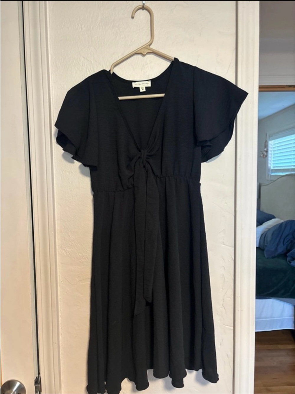 See You Monday Black Flutter-Sleeve Tie-Front Midi Dress